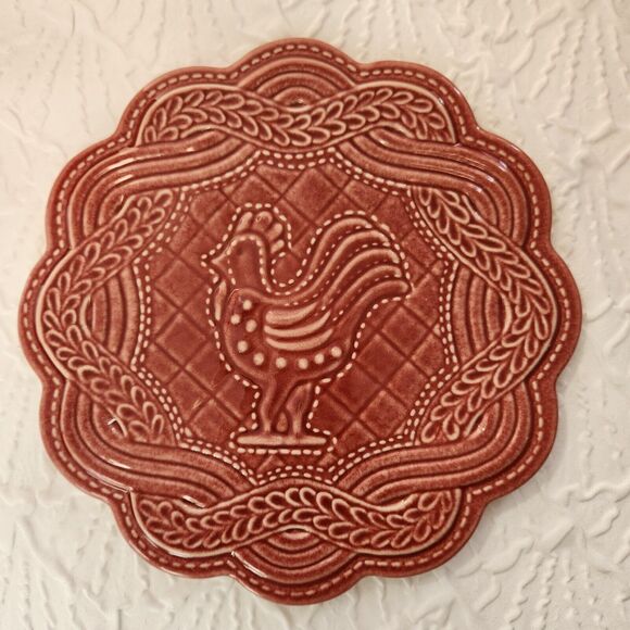 Longaberger Pottery Rooster Trivet Red Wheat Quilt Paprika Chicken Americana - Picture 1 of 4